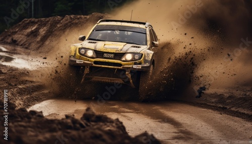 Rally Car Spinning Through Muddy Dirt Road in Thrilling Race