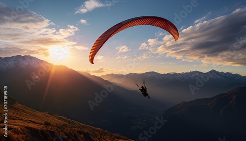 Paraglider Soaring Over Majestic Mountain Range at Sunset