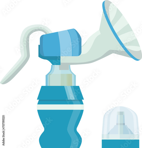 Blue and white breast pump with transparent nipple shield. Motherhood equipment for nursing moms. Baby feeding accessories vector illustration.
