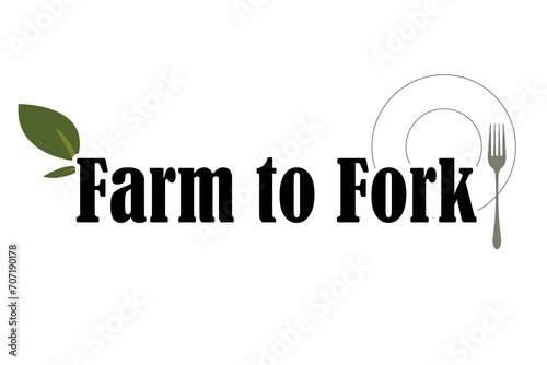 Farm to fork concept vector illustration green leaf, gray fork and white plate. Design element for prints, posters, advertising. 