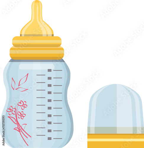 Wallpaper Mural Baby bottle with measurement marks and silicone nipple, floral decoration on the side. Feeding equipment and newborn nutrition vector illustration. Torontodigital.ca