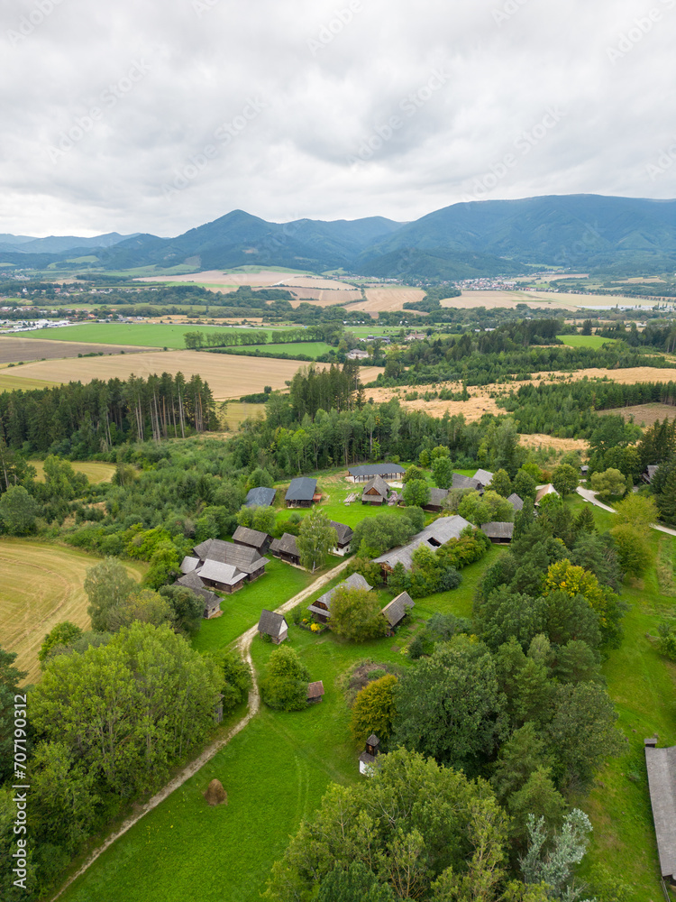Aerial view of traditional architecture open-air museum  in Martin town, Slovakia. 