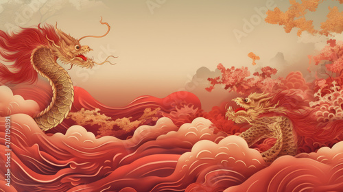 Happy chinese new year of dragon 2024 card illustration with gold and red dragon in waves and clouds background.