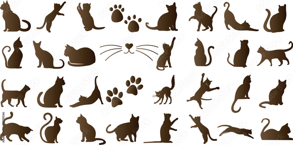 Cat silhouettes, playful cats poses, standing, sitting, scalable vector. Ideal for pet content, print, vet clinics, cat lovers. Black cats, paw print, whiskers, perfect for animal care, pet lover