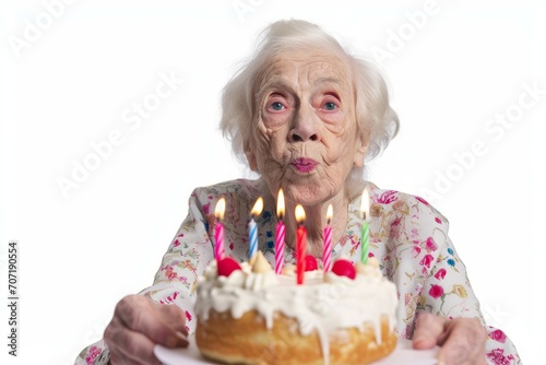 Close up shot of senior woman with grey culry hair keeps lips folded going to blow candles on cake celebrates birthday on white background photo