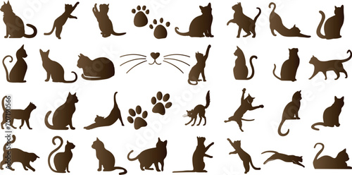 Cat silhouettes, playful cats poses, standing, sitting, scalable vector. Ideal for pet content, print, vet clinics, cat lovers. Black cats, paw print, whiskers, perfect for animal care, pet lover