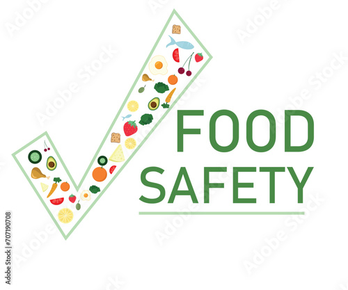 Food safety concept vector illustration. A lot of foods (carrot, avocado, fish, tomato, chicken, egg, strawberry, cherry, orange, lemon, olive, bread cheese) in the check mark.