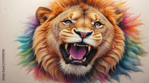 Close up of the face of a lion roaring with its large teeth exposed. detailed portrait of a lion. Generative Ai