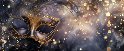 Masquerade \ Mardi Gras mask with gold feathers, jirohoda, lights, and glitter background in black and white