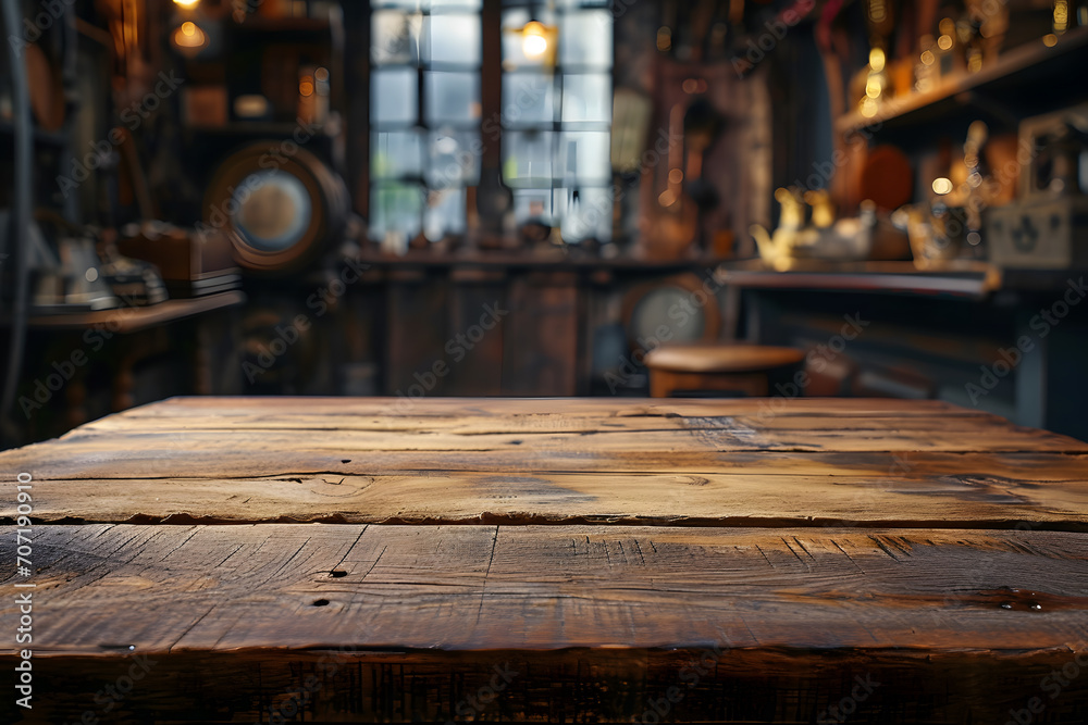 Vintage Elegance Foreground Wooden Table, Blurred Classic Decoration Background