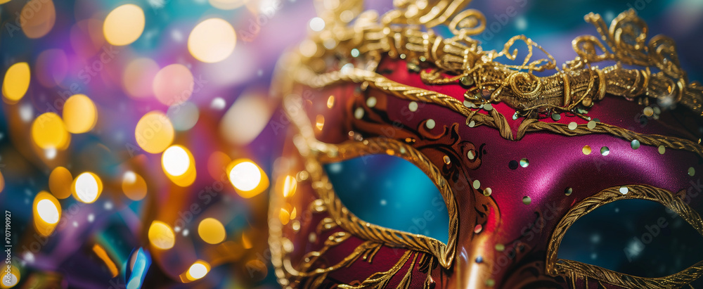 Mardi Gras gold and red carnival mask with decorations Mardi Gras gold and red carnival mask with decorations