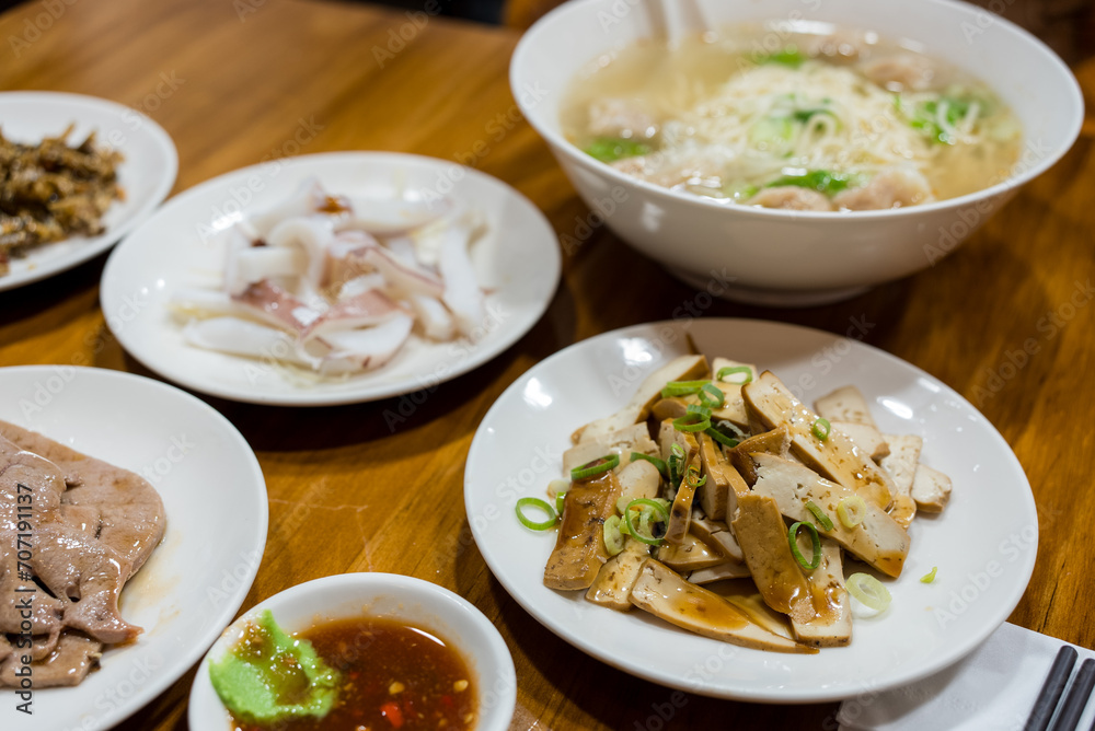 Chinese restaurant with pork liver, tofu and squid Chinese restaurant with pork liver, tofu and squid