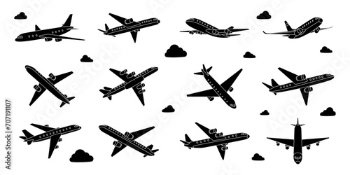 Aircraft set. Air transport. Air flight symbol. Passenger airplanes. Vector illustration.