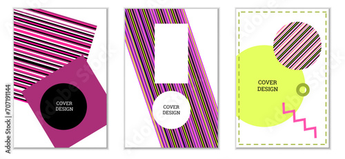 Geometric cover design, set of 3 covers. Abstract unusual background in Memphis style. Bright geometric shapes in random order