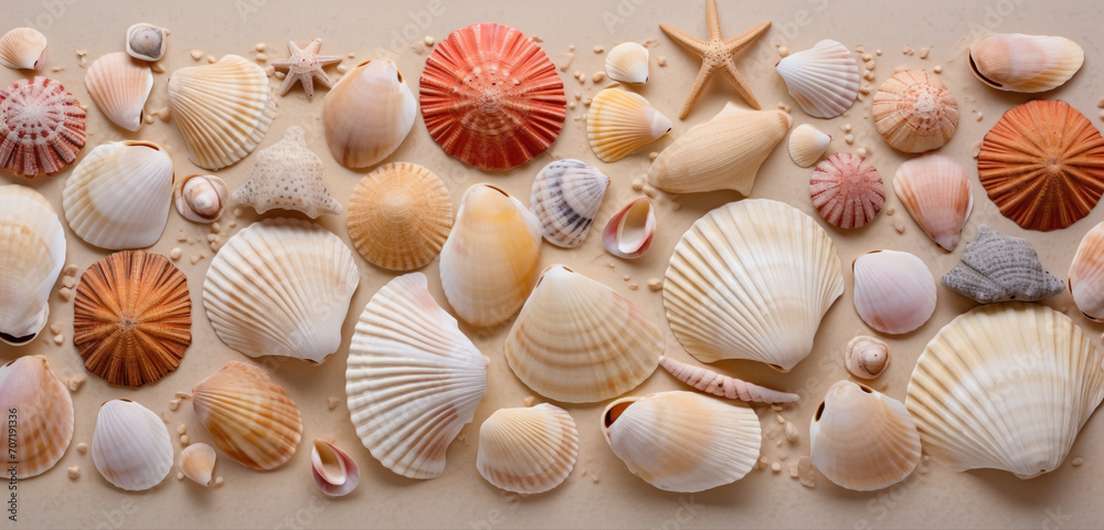 The most attractive and creatively arranged assortment of seashells on a solid beach sand-colored background.