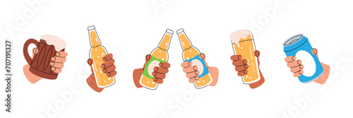 Hands with beer bottles, glass, mugs. Beer pub products. Brewing process, brewery factory production. Vector illustration.