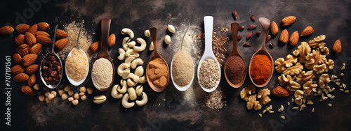 Various nut flour, almond, hazelnut top view photo