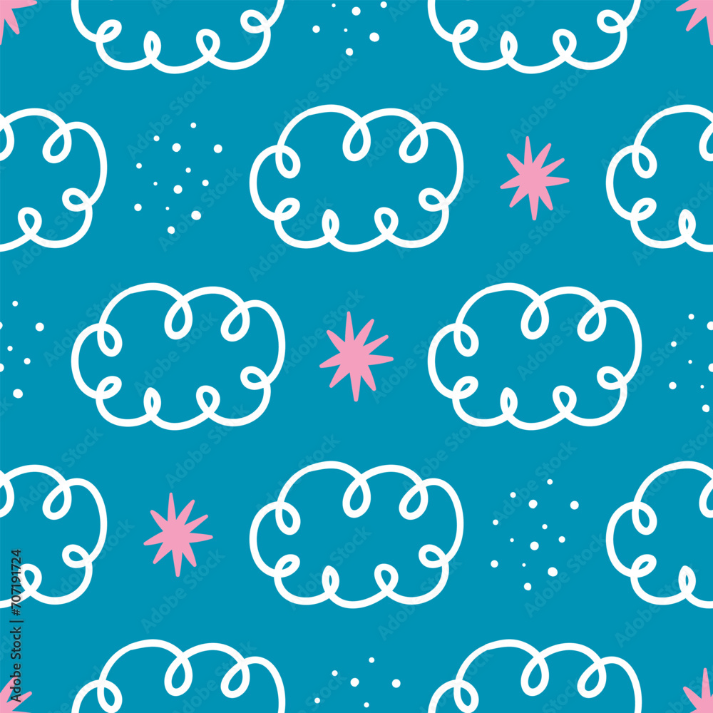 Fototapeta premium Blue Sky Pattern Clouds Seamless Pattern Hand drawn Clouds Seamless Design Blue Seamless Pattern