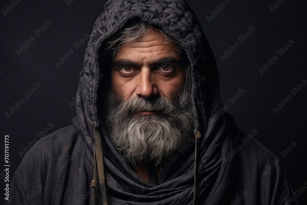 Portrait of an old man with a gray beard and mustache in a black robe on a dark background Portrait of an old man with a gray beard and mustache in a black robe on a dark background