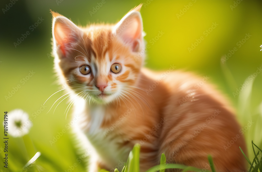 Kitten portrait. Adorable red kitten sits on a grass in a sunny day.