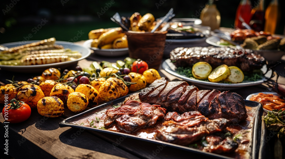 grilled meat outdoors on a picnic table