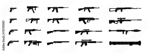 Various modern weapons. Military weapons silhouettes. Tactical assault rifles, smoothbore guns, AK 47, sniper rifles, anti-tank grenade launchers.