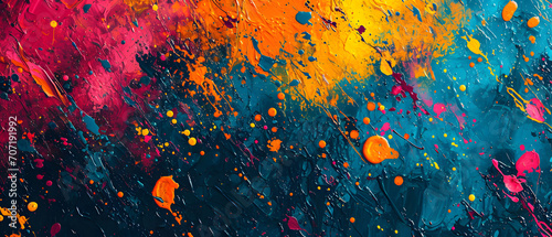 An explosion of vibrant color and abstract shapes bring an electrifying energy to this art piece, as orange hues dance across the canvas in a chaotic yet beautiful display of art paint