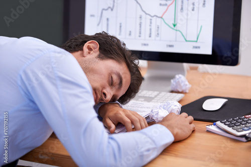 Business man, sleeping and accountant or tired at desk, professional and dream in workplace. Businessperson, nap and exhausted in office or rest, computer screen and stress for stock market or lazy photo