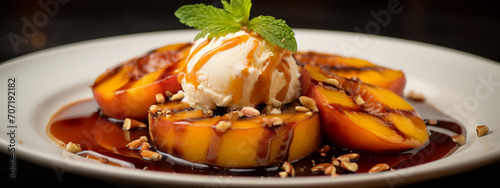 Grilled peaches with vanilla ice cream and walnut photo