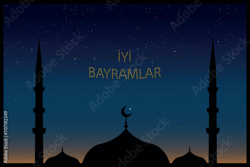Hoş geldin ya şehri Ramazan (Translate: Welcome month of ramadan) lettering hanging on Mosque's mahya vector. Mahya is an enlightenment arrangement during ramadan nights between two minarets.