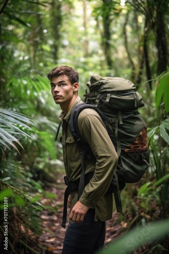 handsome young man walking through a jungle with a backpack © Sergey
