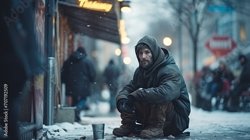 homeless in the cold snow. Problems of the homeless in the concept of the city photo