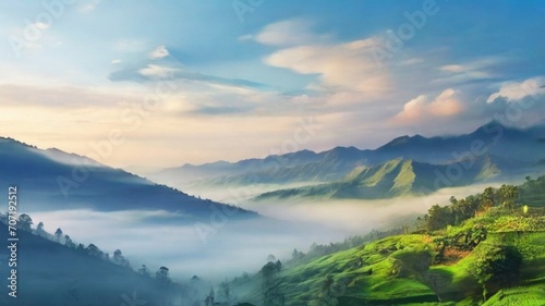 A Serene Landscape Enshrouded in Morning Fog  Where Silence Speaks Volumes. As Dawn Breaks  a Blanket of Mist Gently Rolls Over the Terrain  Blurring the Lines Between Earth and Sky. 