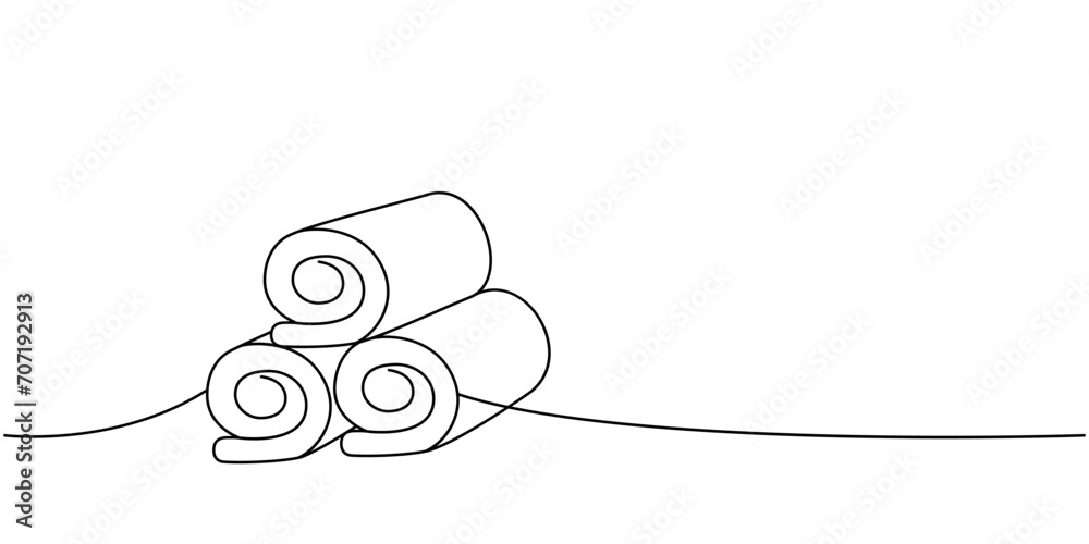 Towels for bathroom one line continuous drawing. Cleaning service tools continuous one line illustration. Vector linear illustration. Towels for bathroom one line continuous drawing. Cleaning service tools continuous one line illustration. Vector linear illustration.