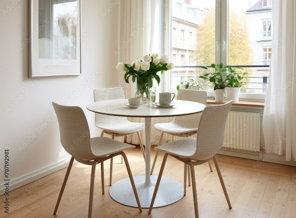 Dining Room Table With Four Chairs and Vase of Flowers. Scandinavian home interior design of modern living home.