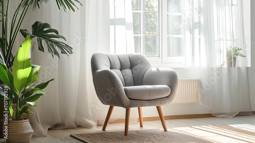 Comfortable armchair near window in living room, ai generative