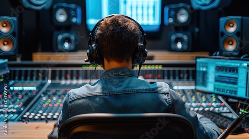 Sound engineer working in recording studio, rear view of a young man wearing headphones. AI generative
