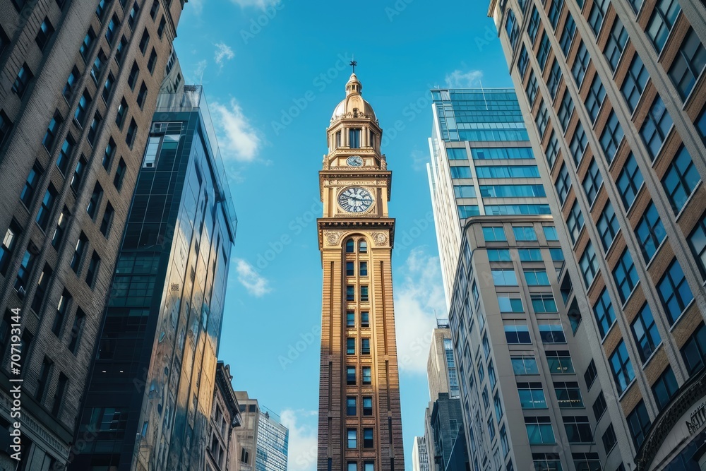 Old clock tower standing tall against a city skyline