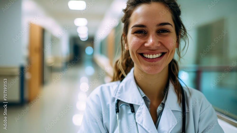 Fototapeta premium Smiling female doctor with a stethoscope in an empty medical corridor of a hospital