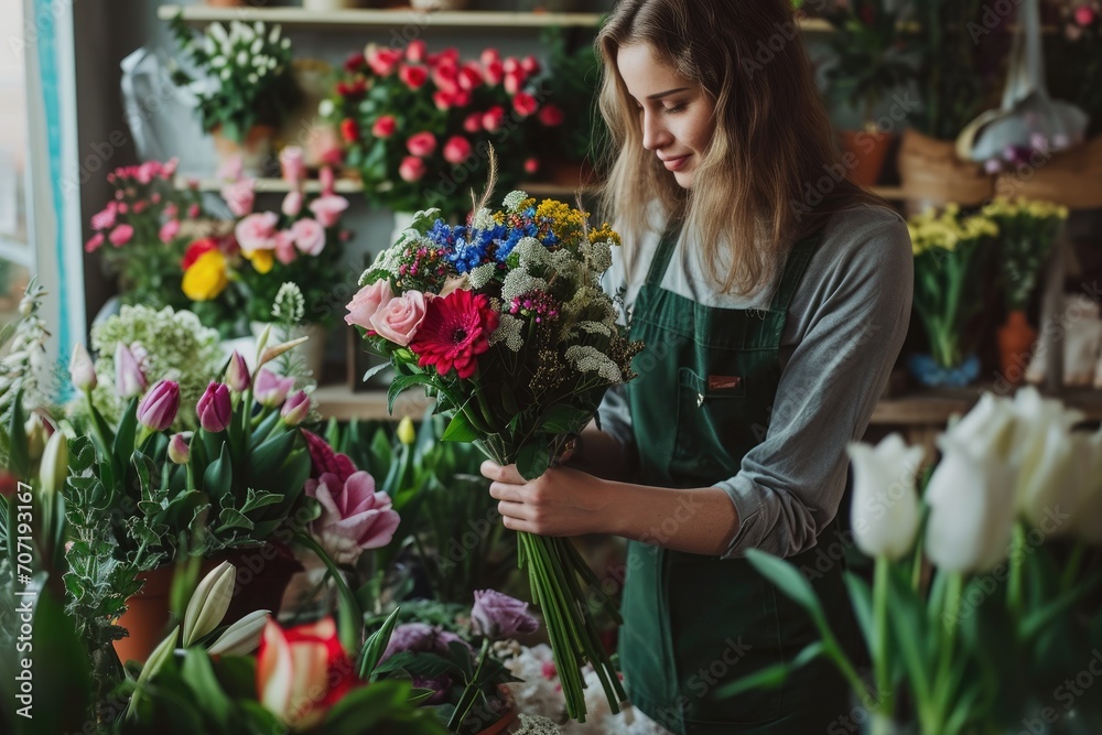 Professional florist arranging a bouquet, in a floral shop with a variety of fresh flowers and plants.