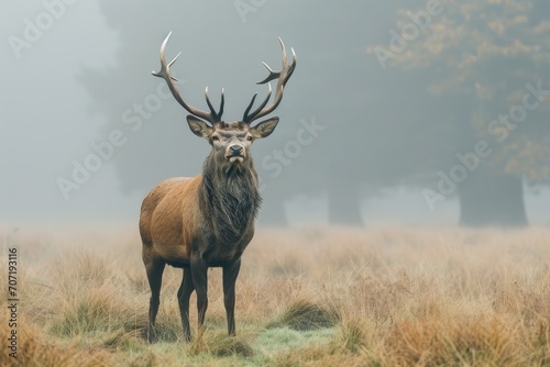 Majestic stag standing in a misty morning meadow