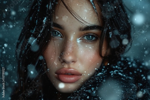 Enigmatic Beauty Glimmers Amidst a Wintry Snowfall at Twilight, Revealing a Mesmerizing Gaze
