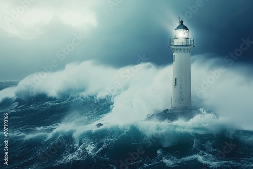 Old lighthouse casting a beam over stormy seas