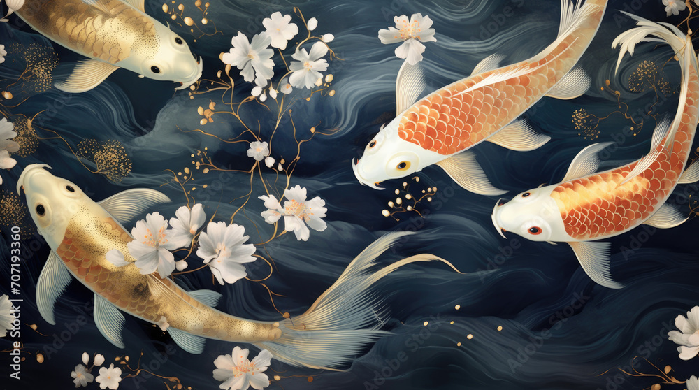 Asian background , Oriental Japanese style abstract pattern background design with koi fish decorate in water color texture, gold and navy blue colours. Chinese new year 2024 concept	 - obrazy, fototapety, plakaty 