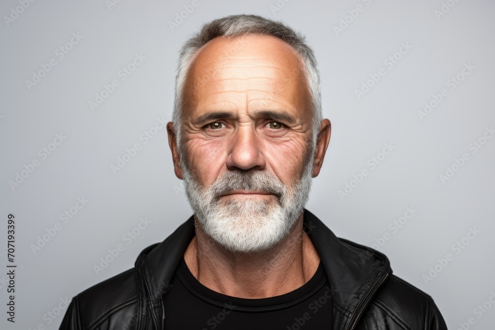 Portrait of a senior man with grey beard and mustache. Isolated on grey background. Portrait of a senior man with grey beard and mustache. Isolated on grey background.