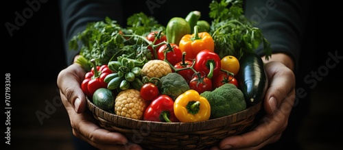 Basket containing vegetables and fruit in the hands of a farmer with garden background