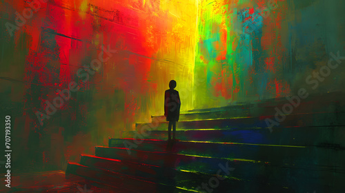 A vibrant and luminous painting captures the essence of a person standing on stairs, radiating with artistic brilliance and a kaleidoscope of colors