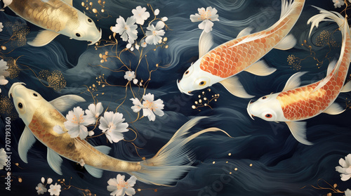 Asian background , Oriental Japanese style abstract pattern background design with koi fish decorate in water color texture, gold and navy blue colours. Chinese new year 2024 concept	 photo