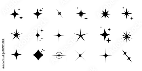 Minimalist silhouette Star icons, star shape vector set. Abstract y2k sparkles. Twinkling stars, abstract sparkle black silhouettes symbol shining burst. Vector