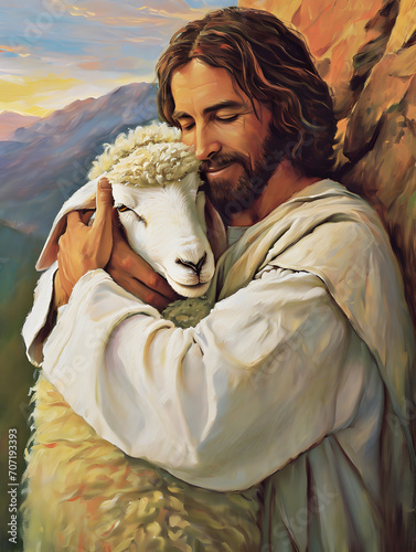 Oil painting of Jesus recovered the lost sheep carrying it in arms. photo